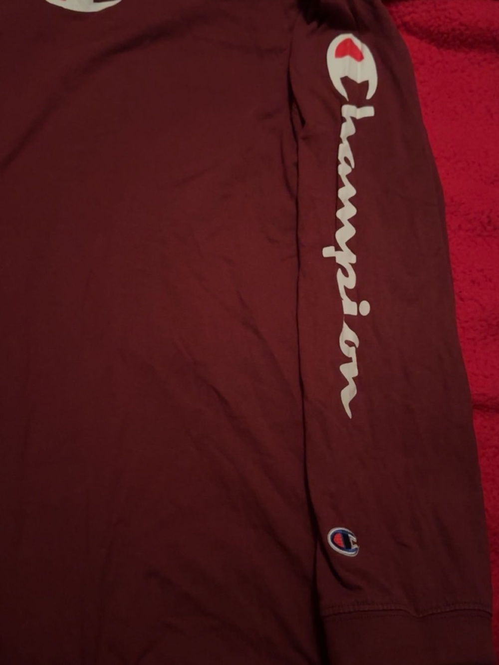 Champion Burgundy Long Sleeve Script Sleeve Tee